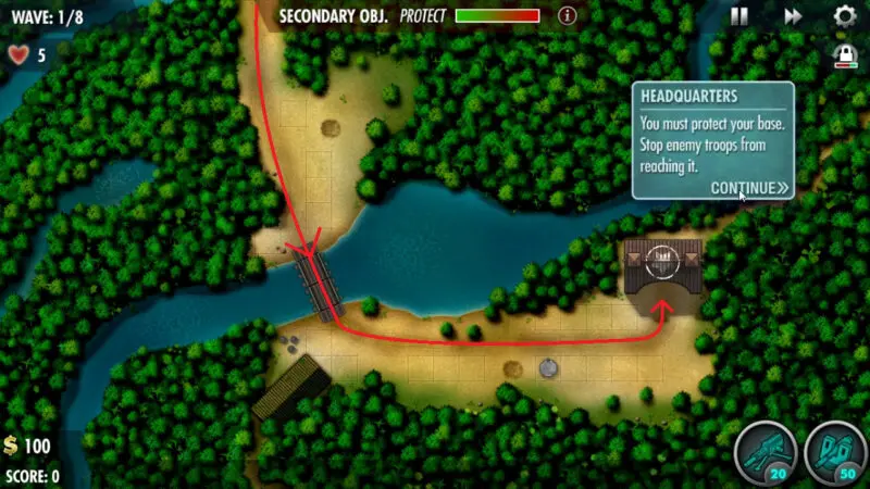 Карта уровня кампании Kokoda Track со стрелками, показывающими пути вражеских юнитов к базе, которую вы должны защищать в видеоигре «iBomber Defense Pacific».
