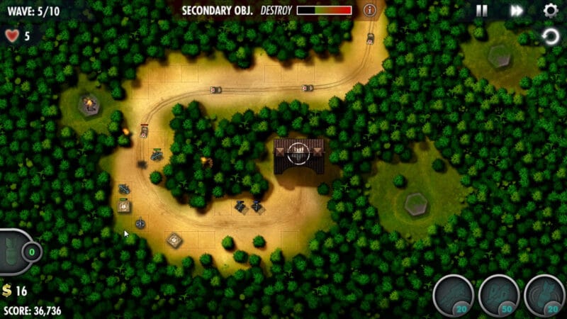 Снимок экрана с предполагаемым размещением турелей при достижении 5-й волны на уровне кампании Buna-Gona в видеоигре "iBomber Defense Pacific".
