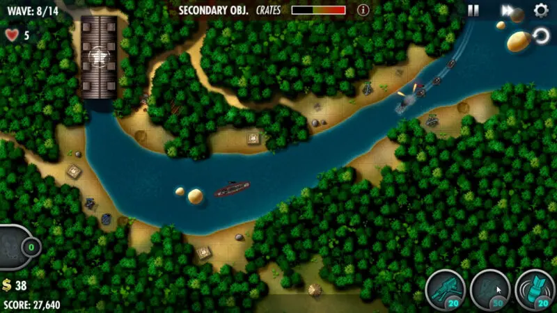 لقطة شاشة لوضع البرج المقترح عند الوصول إلى الموجة 8 في مستوى حملة معركة جزيرة سافو من لعبة الفيديو "iBomber Defense Pacific".