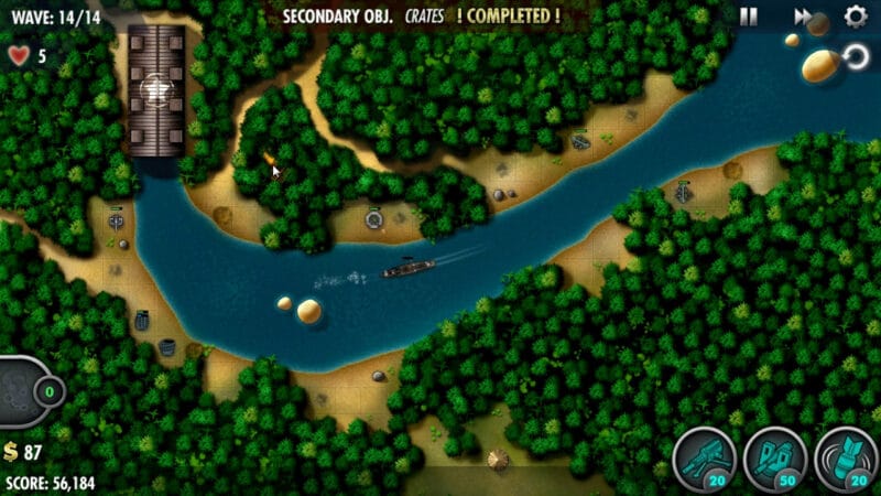 Captura de tela do posicionamento sugerido da torre ao atingir a onda 14 no nível de campanha da Ilha da Batalha de Savo do videogame "iBomber Defense Pacific".