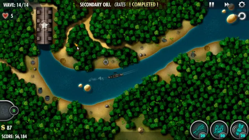 Screenshot der vorgeschlagenen Turmplatzierung bei Erreichen von Welle 14 in der Kampagnenstufe "Battle of Savo Island" des Videospiels "iBomber Defense Pacific".